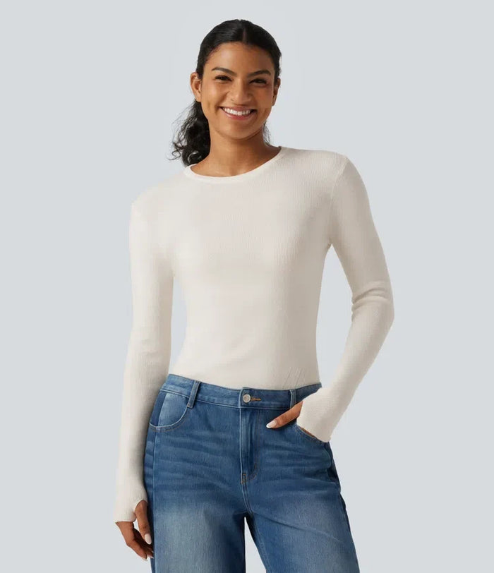Round Neck Long Sleeve Thumb Hole Slim Work Sweater