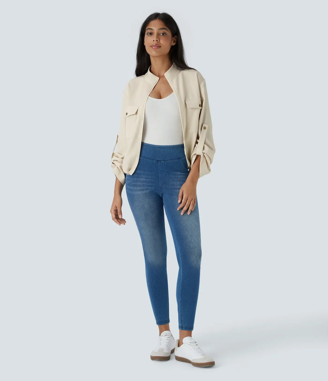 Stand Collar Roll Tab Sleeve Flap Pocket Inside Drawstring Hem Zip Casual Jacket