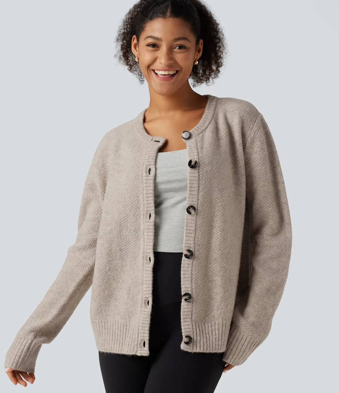 Round Neck Long Sleeve Button Fly Work Sweater