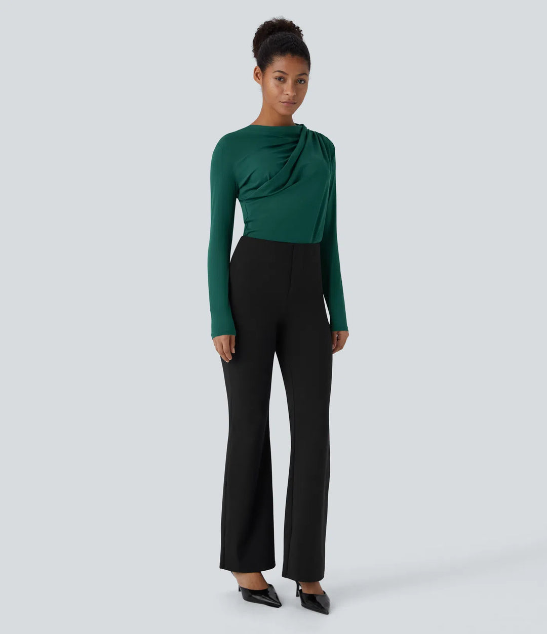 Cowl Neck Ruched Long Sleeve Slim Work Top