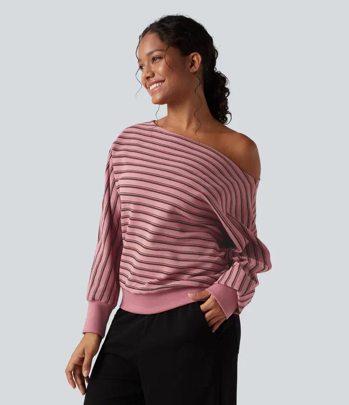 Off-shoulder Long Sleeve Stripes Relaxed Casual Sweatshirt