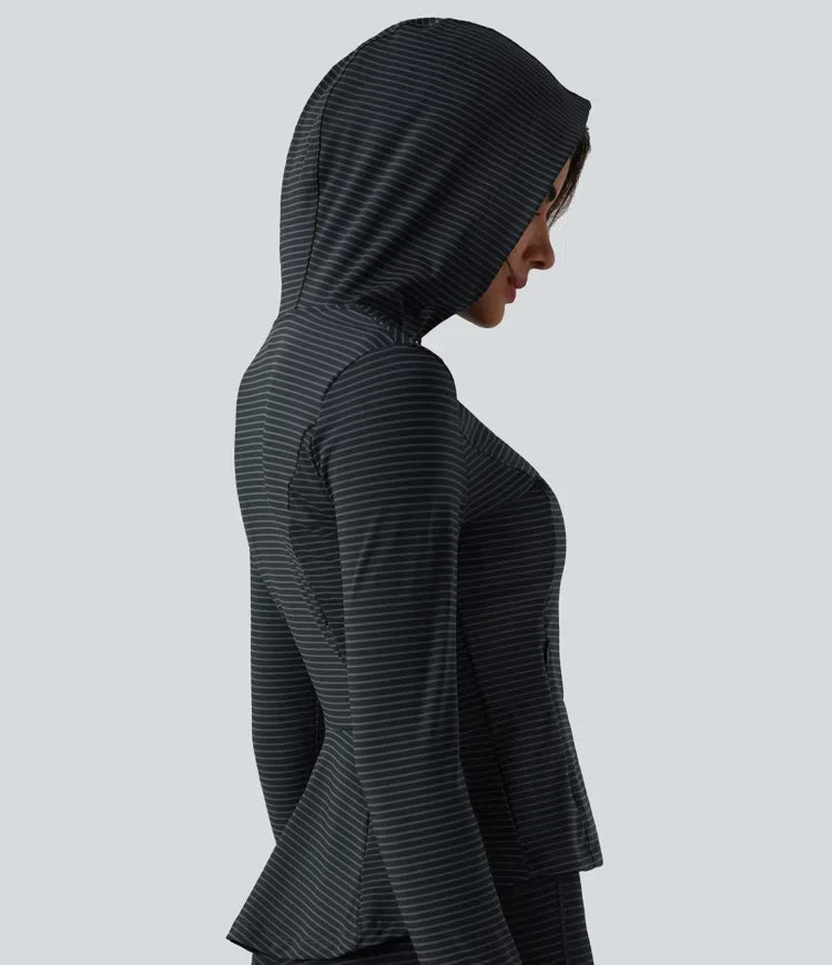 Hooded Long Sleeve Thumb Hole Stripe Yoga Jacket with Pockets