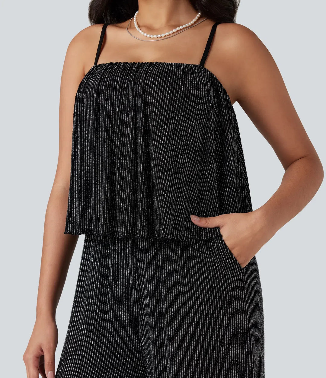 Ruffle Hem Sleeveless Sparkle Stripe Casual Jumpsuit with Pockets-Easy Peezy