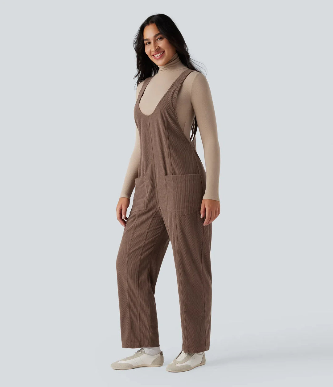 V Neck Corduroy Casual Overalls with Pockets