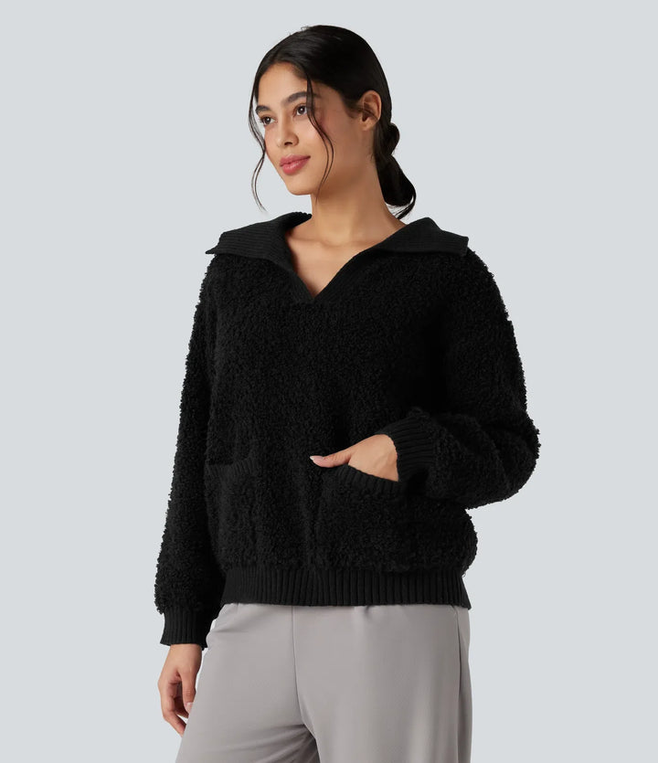 Lapel Reglan Long Sleeve Work Sweater with Pockets