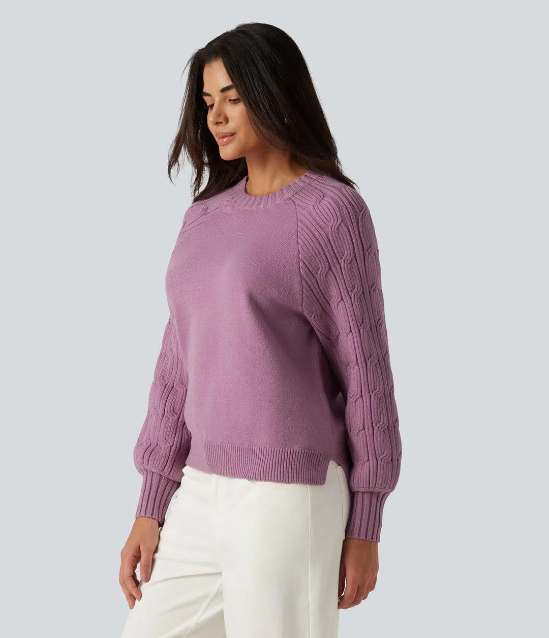 Round Neck Long Sleeve Slit Hem Casual Sweater