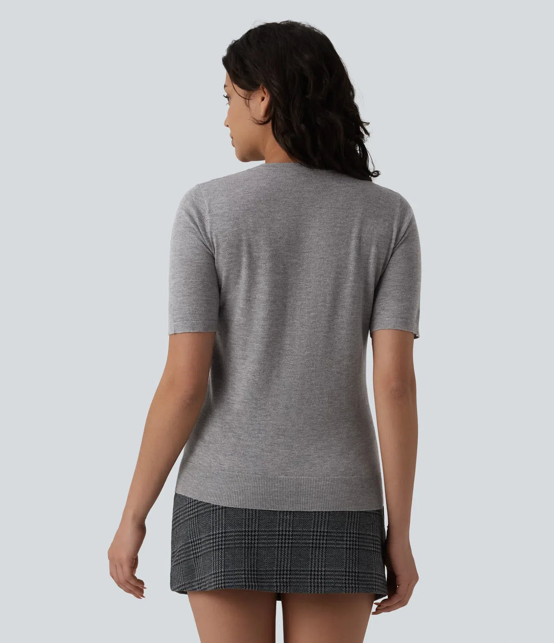 Round Neck Short Sleeve Slim Work Silk-Wool Blend Sweater