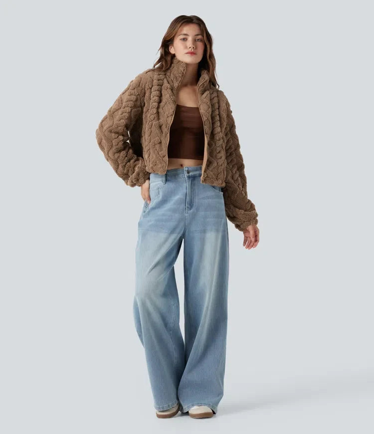 High-neck Zip Fly Casual Sherpa Jacket with Pockets