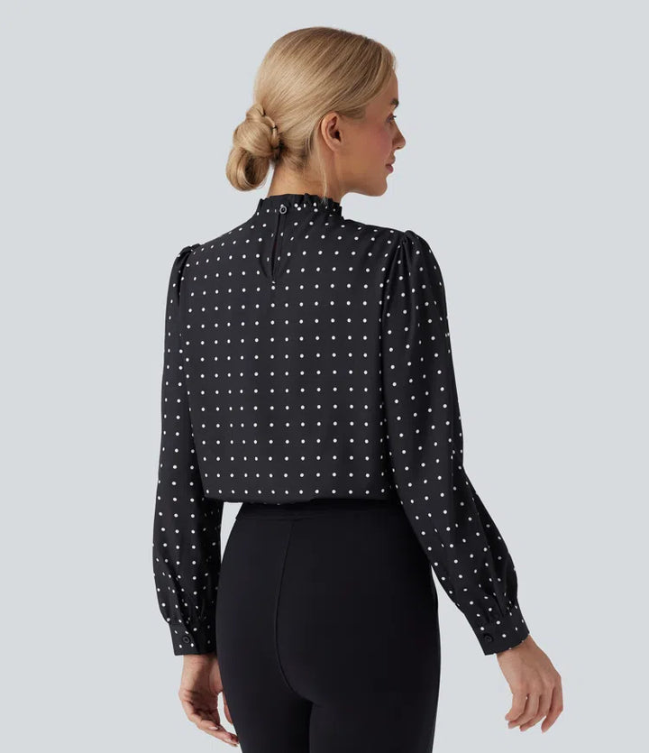 Frill Mock-neck Polka Dot Work Blouse