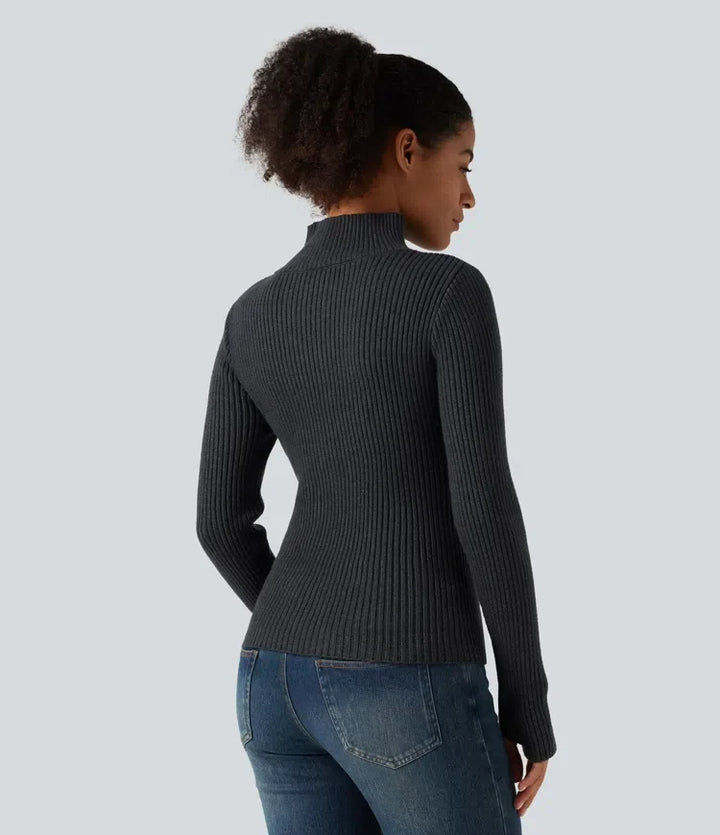 Ribbed Knit High Neck Long Sleeve Thumb Hole Crossover Hem Slim Work Sweater