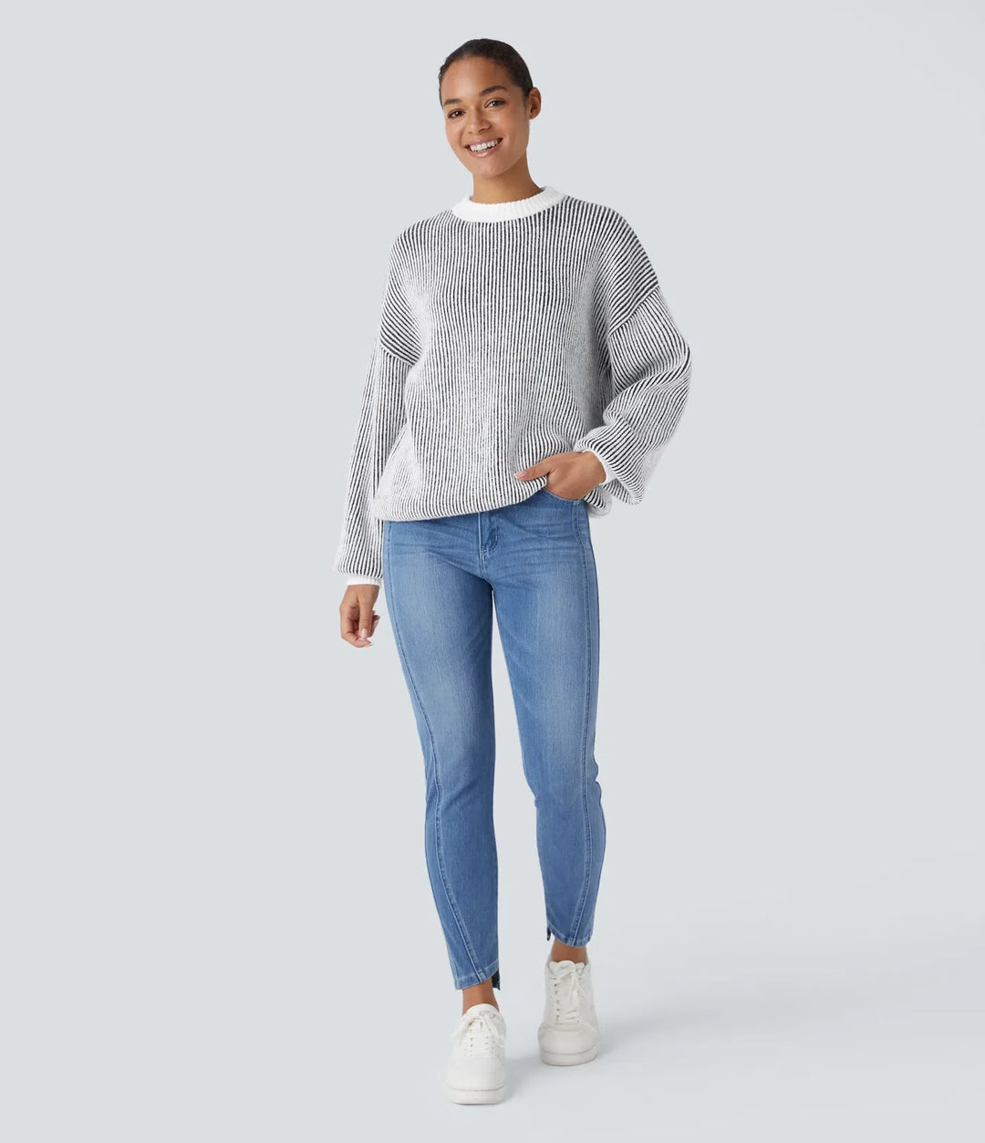 Round Neck Long Sleeve Color Block Stripe Casual Sweater