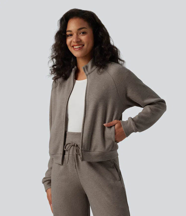 Ribbed Stand Collar Long Sleeve Zipper Casual Jacket with Pockets