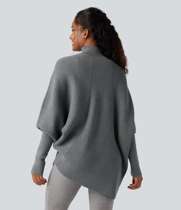 High Neck Batwing Long Sleeve Asymmetric Hem Work Sweater