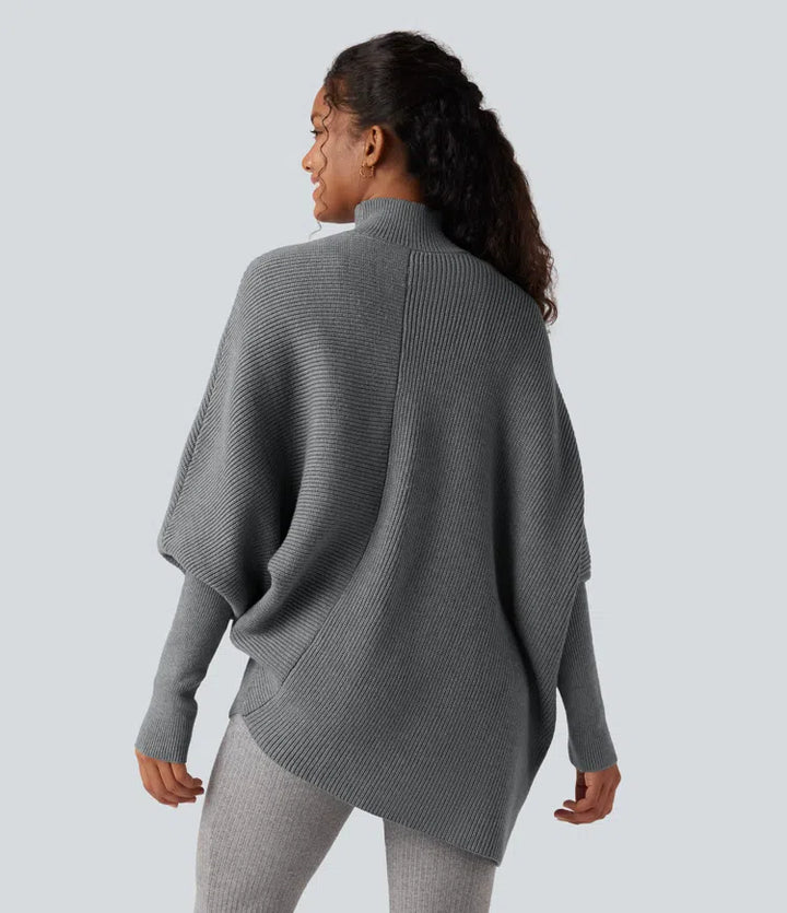 High Neck Batwing Long Sleeve Asymmetric Hem Work Sweater