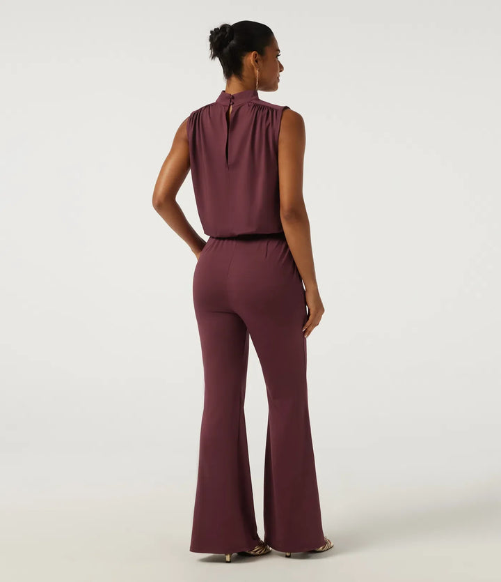 Mock Neck Sleeveless Flare Keyhole Back Party Jumpsuit with Pockets - Easy Peezy Edition
