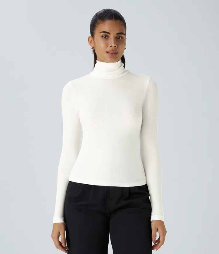 Ribbed Knit High Collar Long Sleeve Casual Top