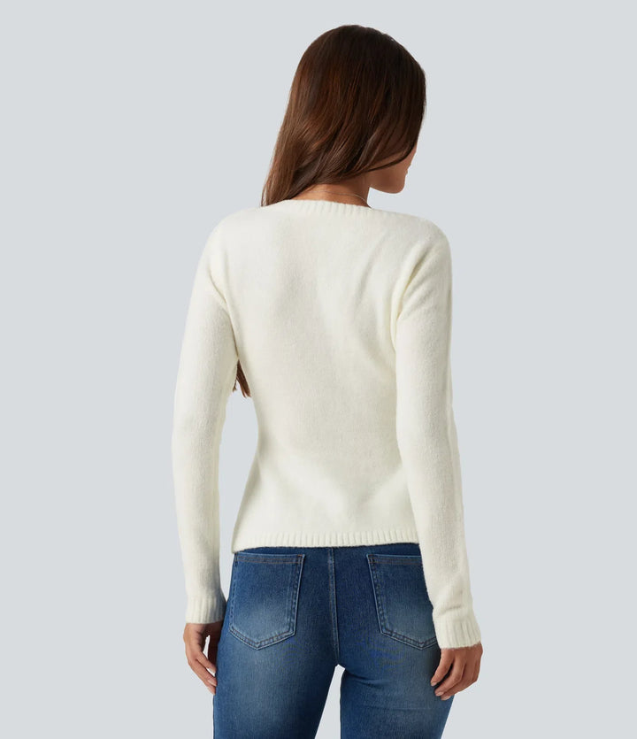 V Neck Long Sleeve Ruffle Hem Slim Casual Sweater