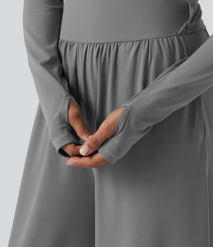 U Neck Long Sleeve Thumb Hole Wide Leg Ruched Casual Jumpsuit with Built-in Bra and Pockets -Easy Peezy Edition