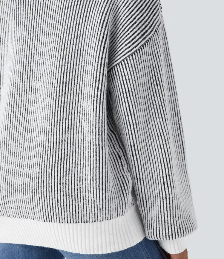 Round Neck Long Sleeve Color Block Stripe Casual Sweater
