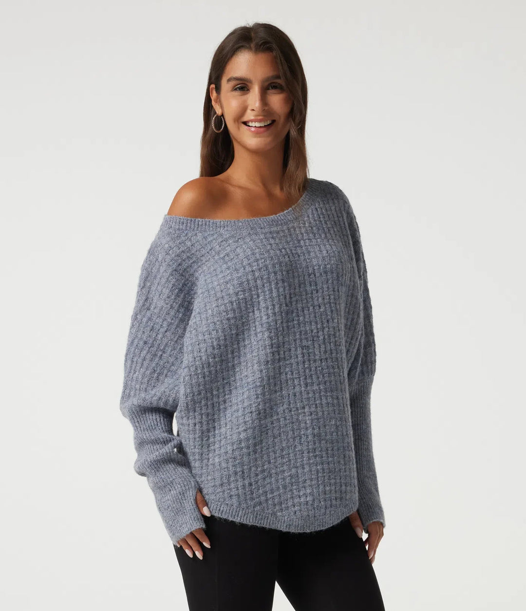 Long Sleeve Curved Hem Casual Sweater with Thumbholes