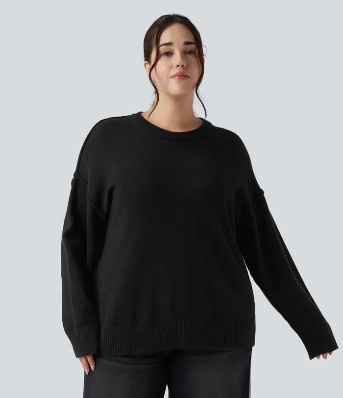 Round Neck Dropped Shoulder Long Sleeve Casual Plus Size Sweater