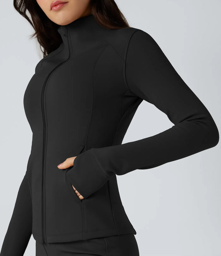 Long Sleeve Thumb Hole Fleece Workout Jacket with Pockets