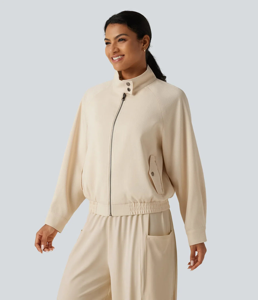 Mock Neck Long Sleeve Casual Jacket with Pockets