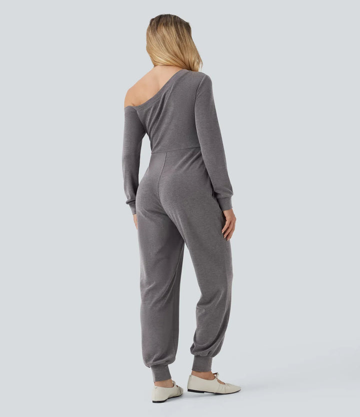 Off-Shoulder Long Sleeve Tie Casual Jumpsuit with Pockets
