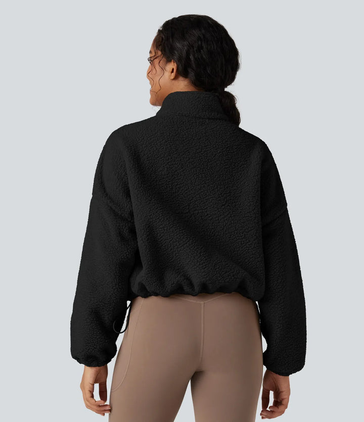 High Neck Long Sleeve Zipper Fleece Workout Jacket with Pockets