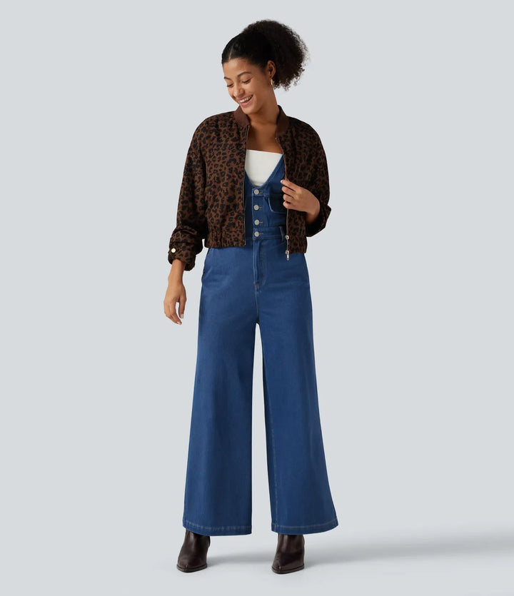 Halara Flex V Neck Wide Leg Denim Casual Jumpsuit with Pockets