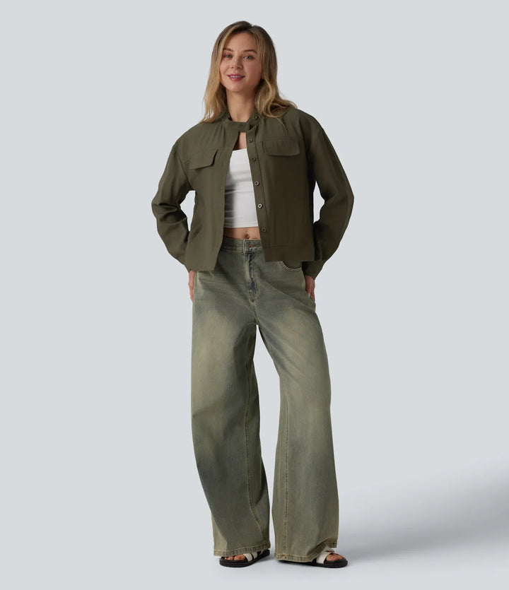 Stand Collar Long Sleeve Casual Cargo Jacket with Pockets