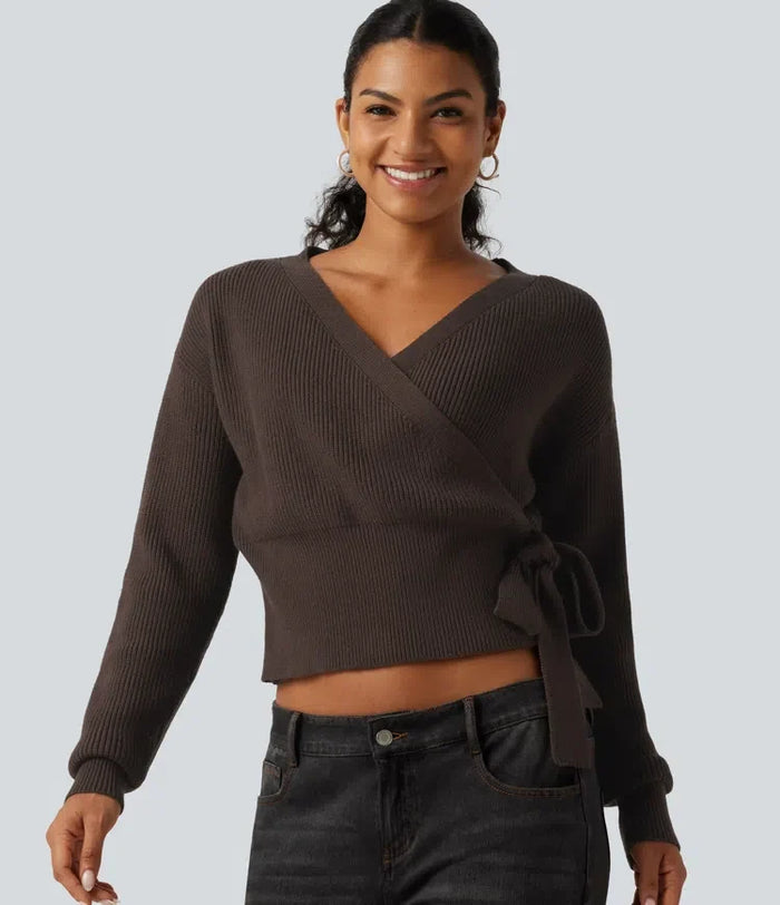 V Neck Long Sleeve Tie Side Work Sweater