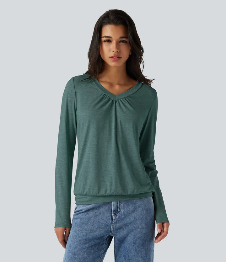 V Neck Ruched Long Sleeve Casual Top