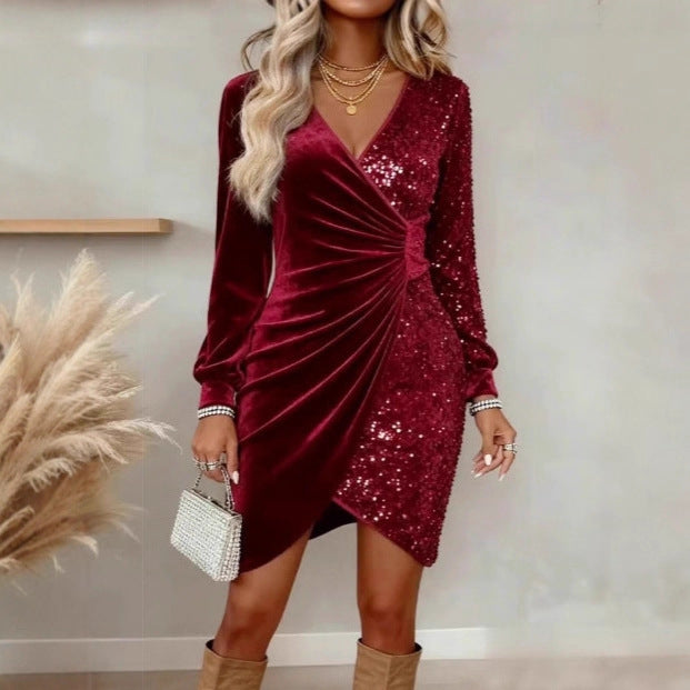 Kinsley | Velvet and Sequin V-Neck Wrap Party Dress