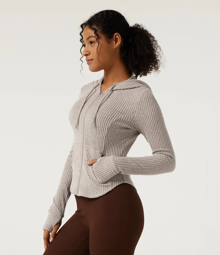 Ribbed Knit Hooded Long Sleeve Yoga Jacket with Pockets