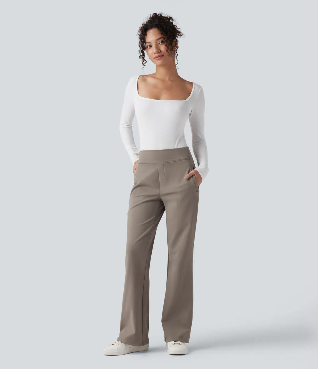 Mid Rise Fleece Work Flare Pants with Zip Pockets