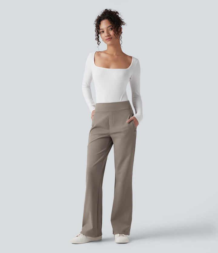 Mid Rise Fleece Work Flare Pants with Zip Pockets