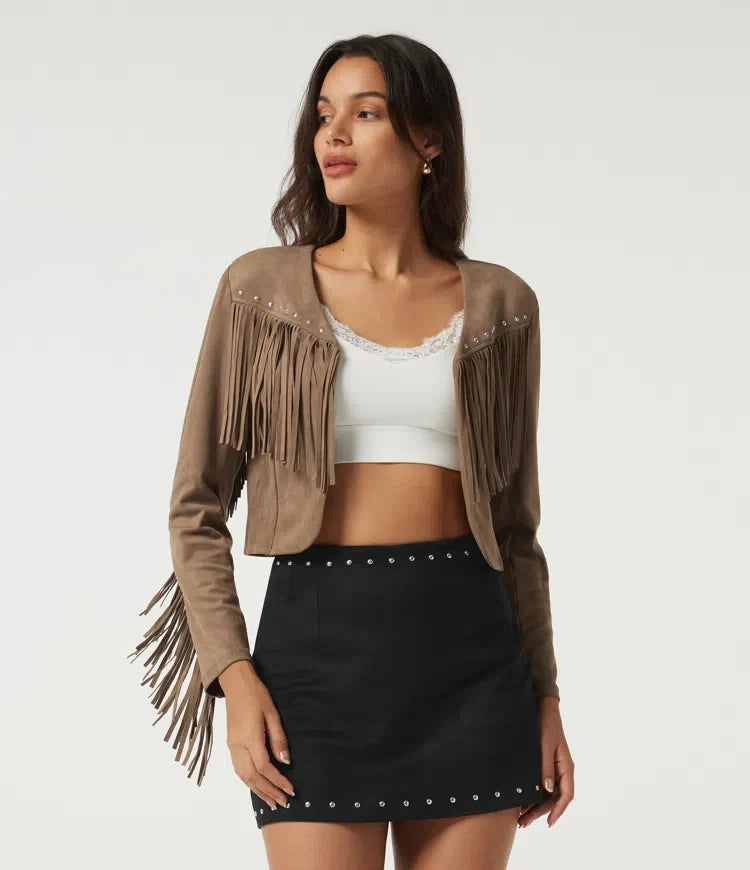 V Neck Long Sleeve Fringe Suede Casual Blazer