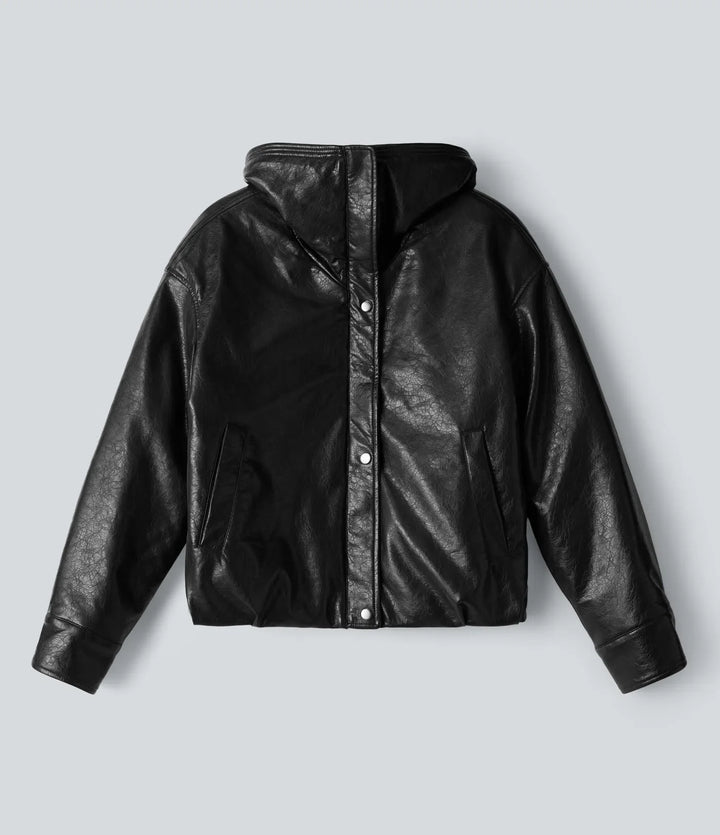 Faux Fur Collar Zip Fly Casual Faux Leather Jacket with Pockets