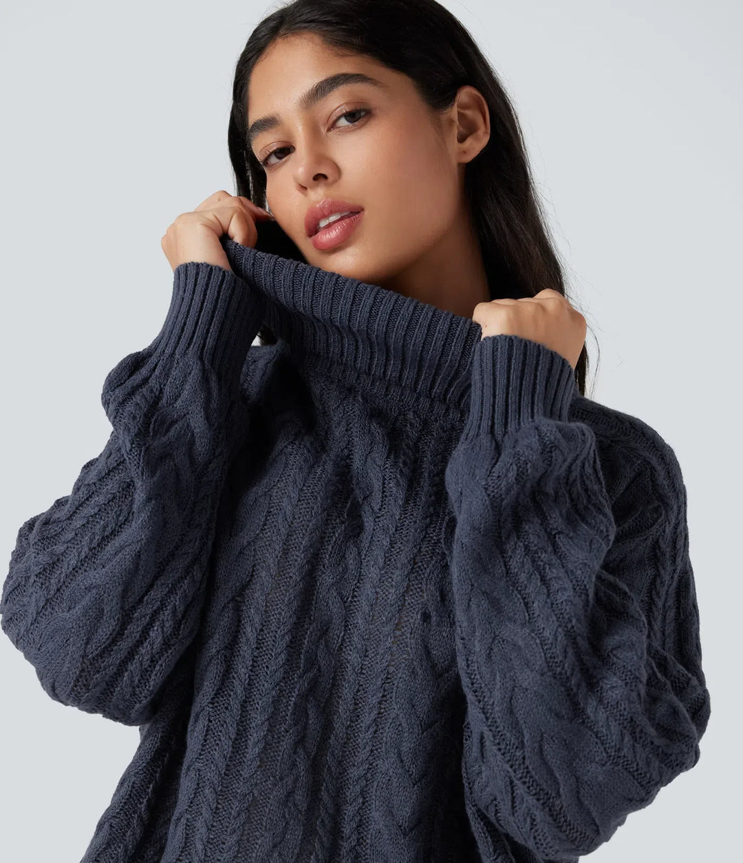 High Neck Long Sleeve Cable Knit Casual Sweater
