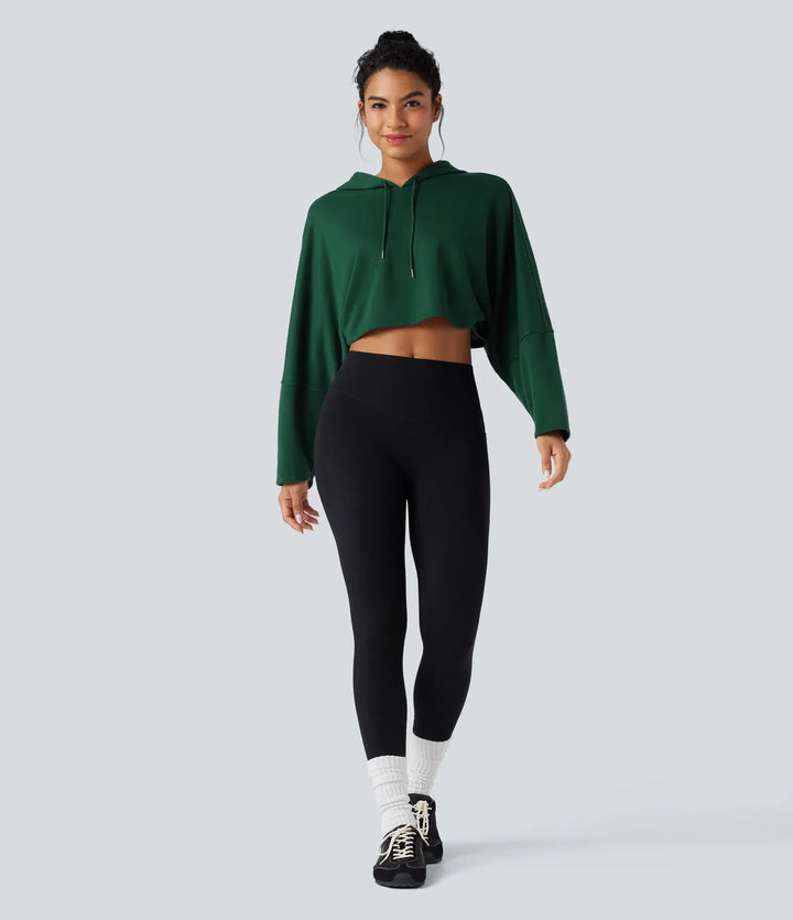 Hooded Dropped Shoulder Cropped Relaxed Casual Sweatshirt