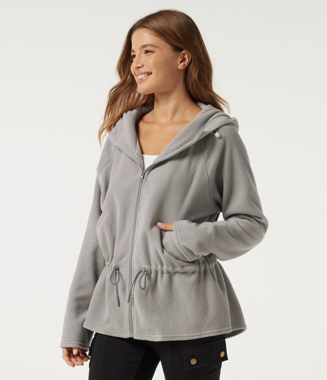 Hooded Long Sleeve Drawstring Curved Hem Fleece Casual Coat with Pockets