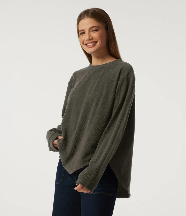 Round Neck Long Sleeve Curved Hem Corduroy Casual Sweatshirt