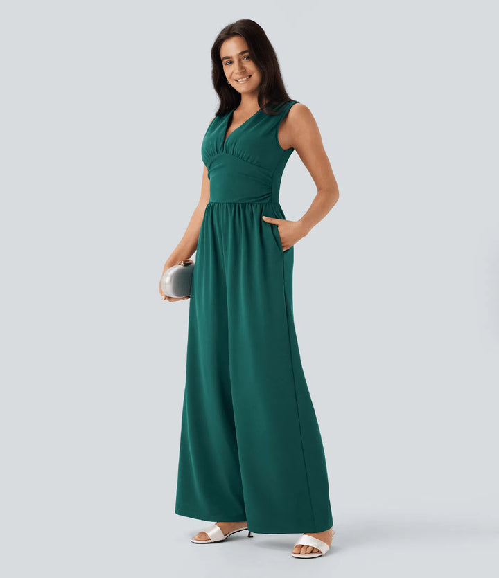 V Neck Sleeveless Ruched Pocket Jumpsuit-Easy Peezy