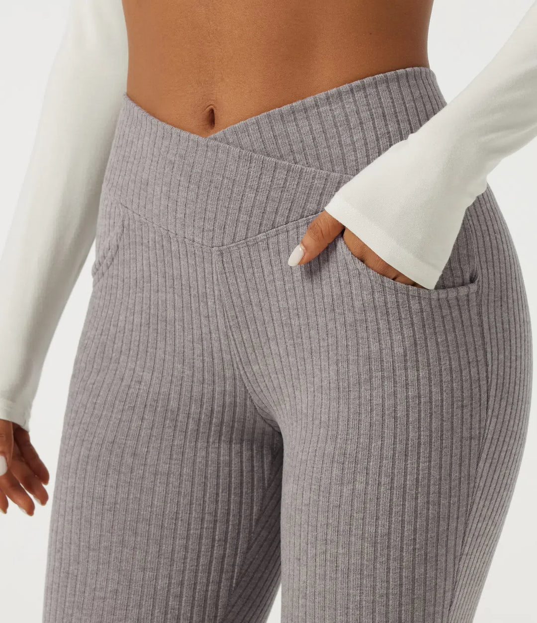 Ribbed Knit Crossover High Waisted Skinny Casual Leggings with Pockets