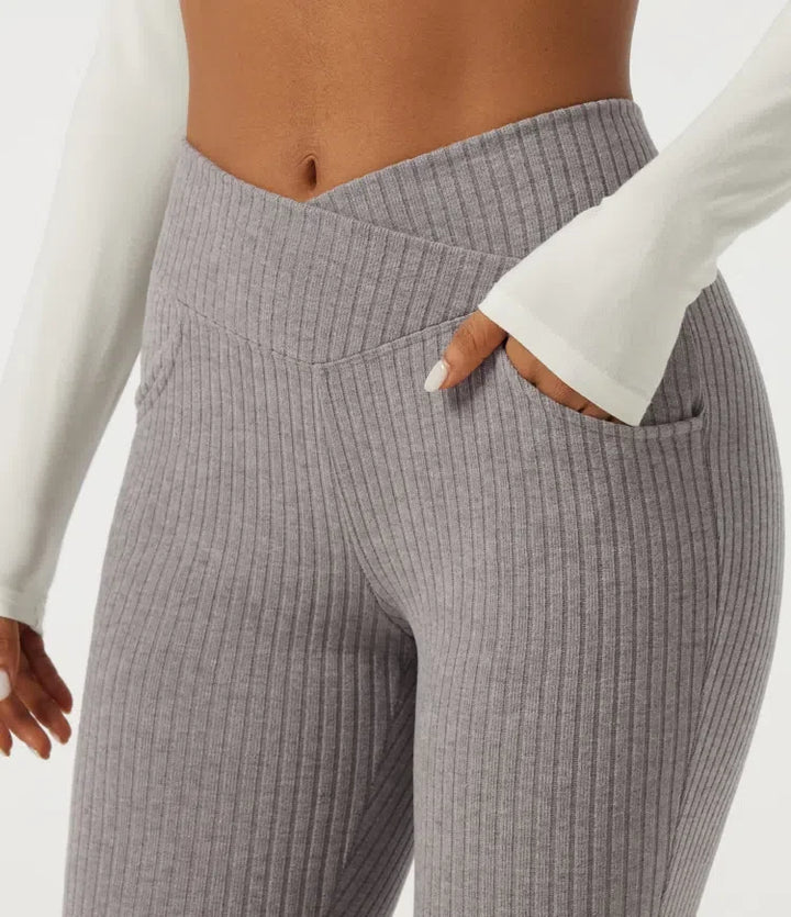Ribbed Knit Crossover High Waisted Skinny Casual Leggings with Pockets
