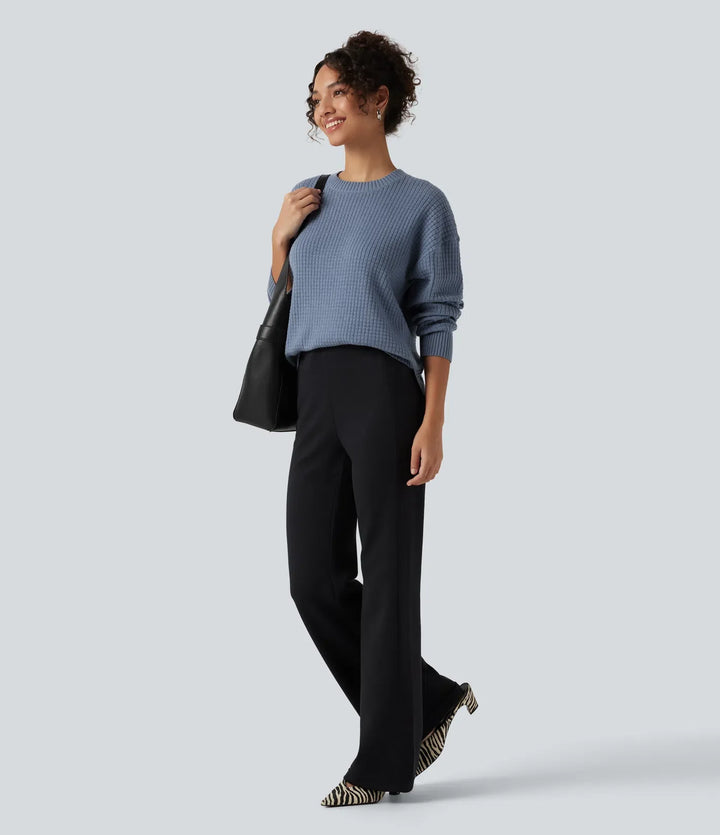Round Neck Long Sleeve Curved Hem Work Sweater