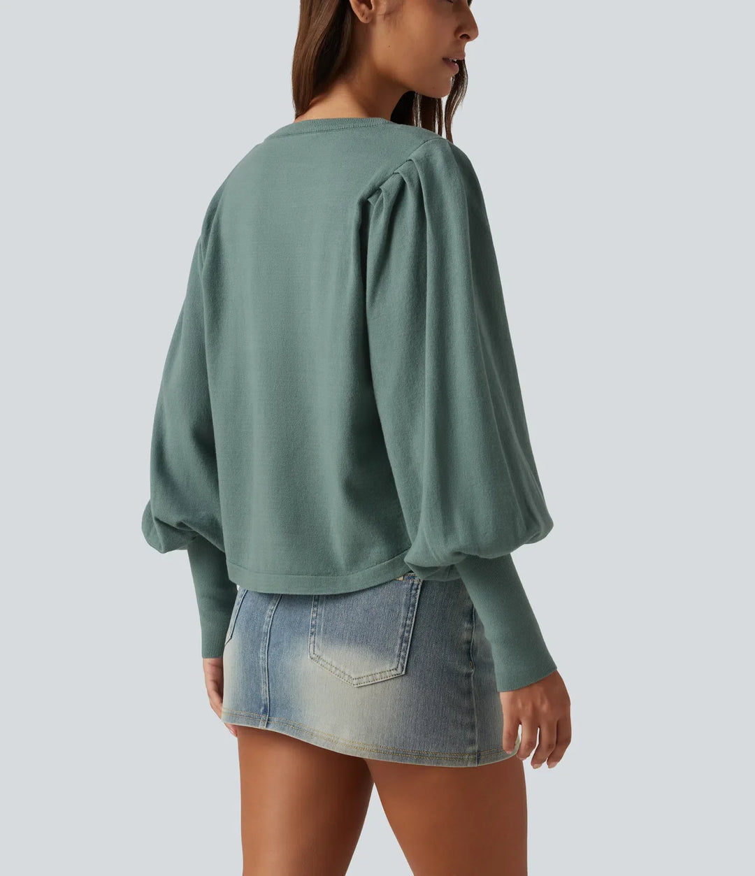 Henley Neck Puff Long Sleeve Relaxed Work Sweater