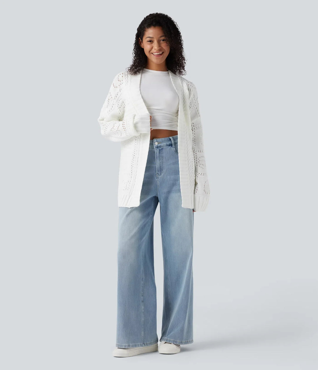 Open Front Long Sleeve Belted Sweater Knit Casual Cardigan