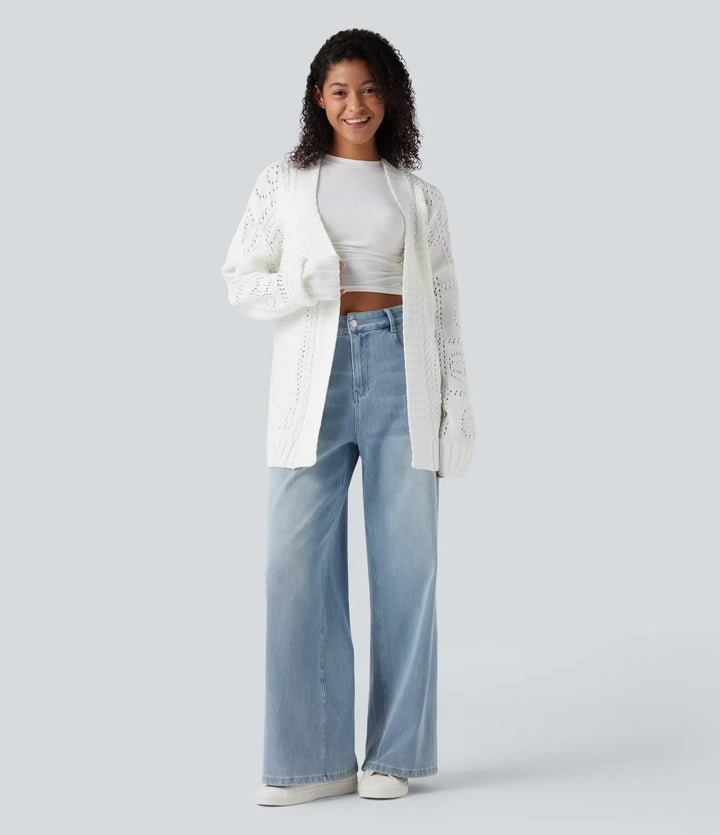 Open Front Long Sleeve Belted Sweater Knit Casual Cardigan